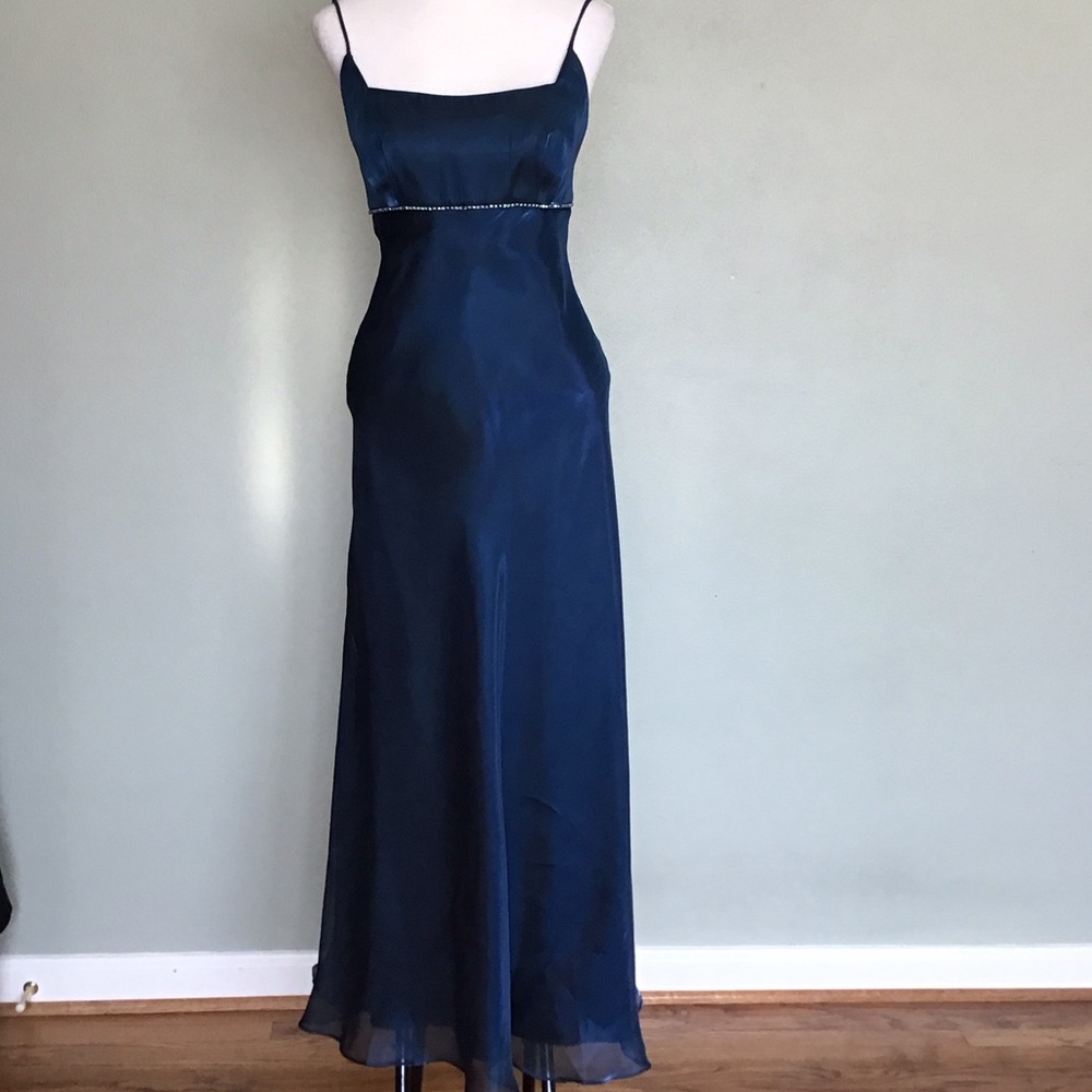 Faviana Navy Satin Rhinestone Empire Waist Formal Maxi Slip Dress